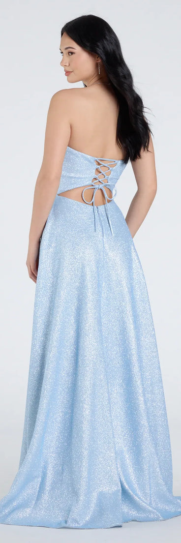 Step into the Prom 2025 dance in the Charlotte Strapless Corset A-Line Glitter Formal Dress in periwinkle, a stunning blue prom dress designed to complement any theme with its timeless allure and statement-making style.