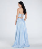 Step into the Prom 2025 dance in the Charlotte Strapless Corset A-Line Glitter Formal Dress in periwinkle, a stunning blue prom dress designed to complement any theme with its timeless allure and statement-making style.