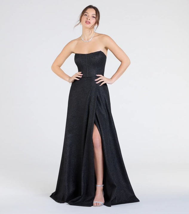 The Charlotte Strapless Corset A-Line Glitter Formal Dress in luxe black fabric, a stunning prom dress with statement details designed to make a bold impression at Prom 2025.