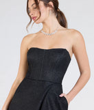 The Charlotte Strapless Corset A-Line Glitter Formal Dress in luxe black fabric, a stunning prom dress with statement details designed to make a bold impression at Prom 2025.