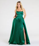 The Brittany Lace-Up Slit A-Line Satin Formal Dress in hunter is a stunning green prom dress designed to capture attention with its fresh or bold color and effortlessly stylish silhouette.