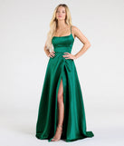 The Brittany Lace-Up Slit A-Line Satin Formal Dress in hunter is a stunning green prom dress designed to capture attention with its fresh or bold color and effortlessly stylish silhouette.