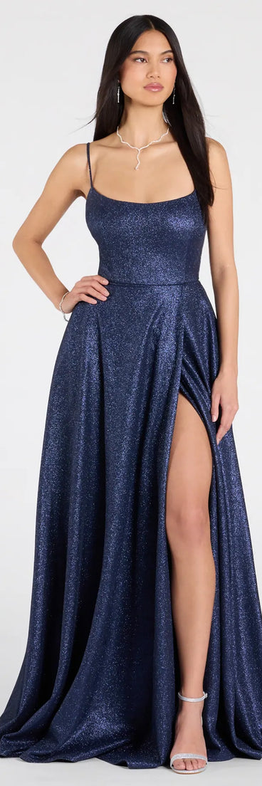 Own the spotlight in the Minka Lace-Up Slit A-Line Glitter Formal Dress, a royal blue formal dress crafted to deliver luxe style for autumn weddings, Military Balls, or any special event.