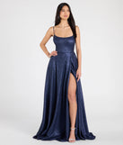 Step into the Prom 2025 dance in the Minka Lace-Up Slit A-Line Glitter Formal Dress in royal, a stunning blue prom dress designed to complement any theme with its timeless allure and statement-making style.
