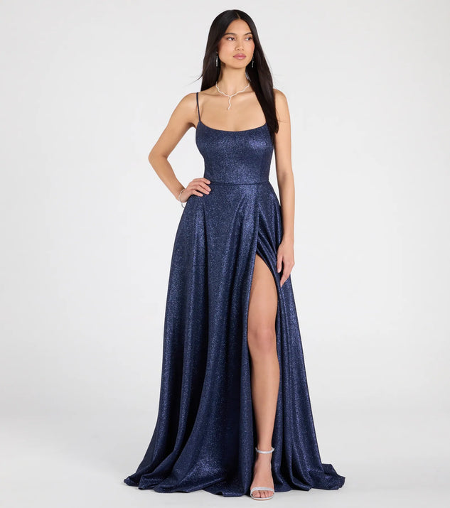 Step into the Prom 2025 dance in the Minka Lace-Up Slit A-Line Glitter Formal Dress in royal, a stunning blue prom dress designed to complement any theme with its timeless allure and statement-making style.