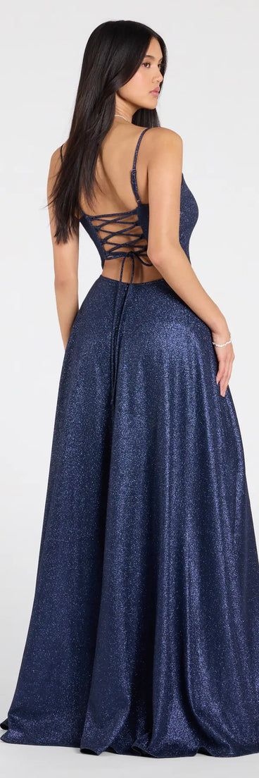 Step into the Prom 2025 dance in the Minka Lace-Up Slit A-Line Glitter Formal Dress in royal, a stunning blue prom dress designed to complement any theme with its timeless allure and statement-making style.