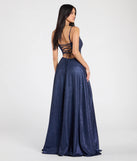 Step into the Prom 2025 dance in the Minka Lace-Up Slit A-Line Glitter Formal Dress in royal, a stunning blue prom dress designed to complement any theme with its timeless allure and statement-making style.