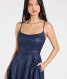 Step into the Prom 2025 dance in the Minka Lace-Up Slit A-Line Glitter Formal Dress in royal, a stunning blue prom dress designed to complement any theme with its timeless allure and statement-making style.