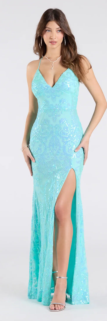 Feel instantly put-together in the Kensley Open Back Slit Sequin Formal Dress in turquoise, a summer wedding guest dress designed for confident style and all-out celebration.