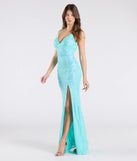 The Kensley Open Back Slit Sequin Formal Dress in turquoise is a stunning green prom dress designed to capture attention with its fresh or bold color and effortlessly stylish silhouette.