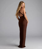 Own the spotlight in the Jenn V-Neck Strappy Back Slit Long Formal Dress, a brown formal dress crafted to deliver luxe style for summer weddings, Army Balls, or any special event.