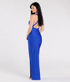 Make a bold statement in the Jenn V-Neck Strappy Back Slit Long Formal Dress in royal blue, the perfect spring dress for weddings, cocktail hours, nights out, and/or seasonal celebrations.