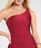 The Isabella One-Shoulder Ruffle Slit Formal Dress in luxe red fabric, a stunning prom dress with statement details designed to make a bold impression at Prom 2025.