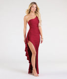 Flaunt your silhouette in the tight Isabella One-Shoulder Ruffle Slit Formal Dress in red, a bodycon dress that empowers your look with bold style and effortless edge.