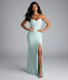 Own the spotlight in the Marcie Cowl Neck Slit Mermaid Formal Dress, a mint green formal dress crafted to deliver luxe style for summer weddings, Army Balls, or any special event.