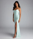 Own the spotlight in the Marcie Cowl Neck Slit Mermaid Formal Dress, a mint green formal dress crafted to deliver luxe style for summer weddings, Army Balls, or any special event.