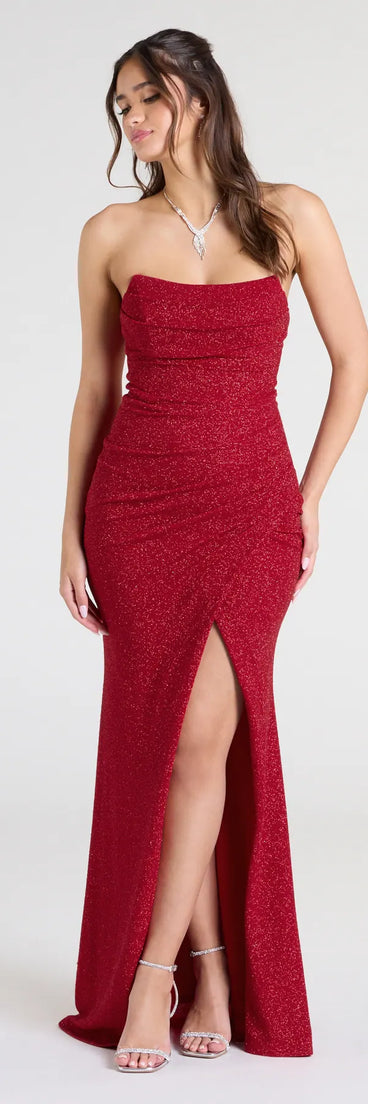 Own the spotlight in the Perry Glitter Knit Wrap Slit Mermaid Dress, a red formal dress crafted to deliver luxe style for autumn weddings, Military Balls, or any special event.