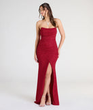 Own the spotlight in the Perry Glitter Knit Wrap Slit Mermaid Dress, a red formal dress crafted to deliver luxe style for summer weddings, Army Balls, or any special event.