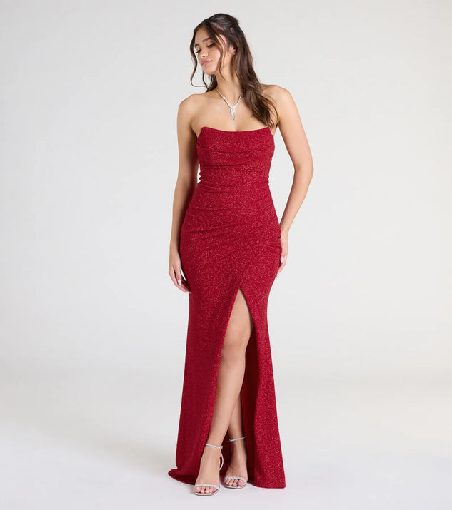 Own the spotlight in the Perry Glitter Knit Wrap Slit Mermaid Dress, a red formal dress crafted to deliver luxe style for summer weddings, Army Balls, or any special event.