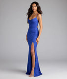 Step into summer looking effortlessly chic in the Mariam Lace-Up Slit Mermaid Glitter Formal Dress in royal blue, a must-have Windsor dress for your warm-weather wardrobe.