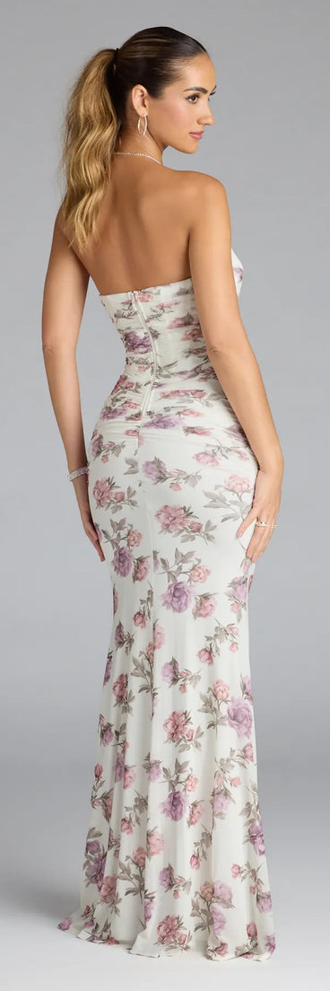 Own the spotlight in the Maribelle Corset Floral Mermaid Formal Dress, a white formal dress crafted to deliver luxe style for autumn weddings, Military Balls, or any special event.