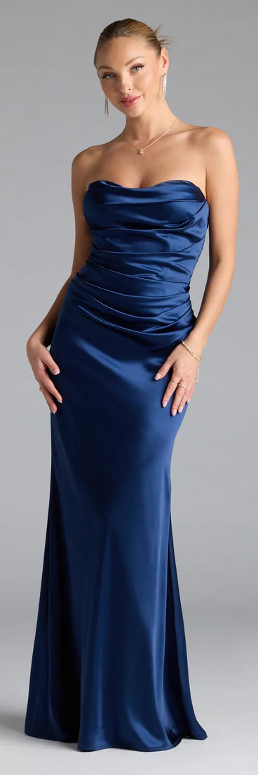 Feel instantly put-together in the Colette Strapless Mermaid Satin Formal Dress in navy blue, a stylish wedding guest dress designed for confident style and all-out celebration.