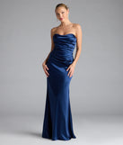 Turn heads at Prom 2025 in this navy blue prom dress, where statement-making details meet the iconic style of the Colette Strapless Mermaid Satin Formal Dress.
