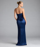 Turn heads at Prom 2025 in this navy blue prom dress, where statement-making details meet the iconic style of the Colette Strapless Mermaid Satin Formal Dress.