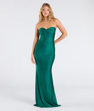 The Kimberly Strapless Tie-Back Mermaid Formal Dress in hunter is a stunning green prom dress designed to capture attention with its fresh or bold color and effortlessly stylish silhouette.