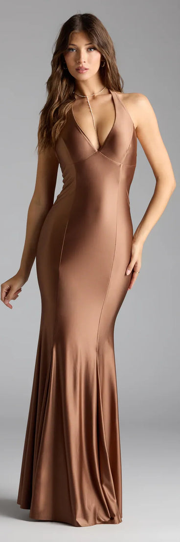 Feel instantly put-together in the Jen V-Neck Halter Mermaid Formal Dress in mocha brown, a stylish wedding guest dress designed for confident style and all-out celebration.