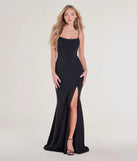 The Hailey Lace-Up Slit Slim Crepe Formal Dress in luxe black fabric, a stunning prom dress with statement details designed to make a bold impression at Prom 2025.