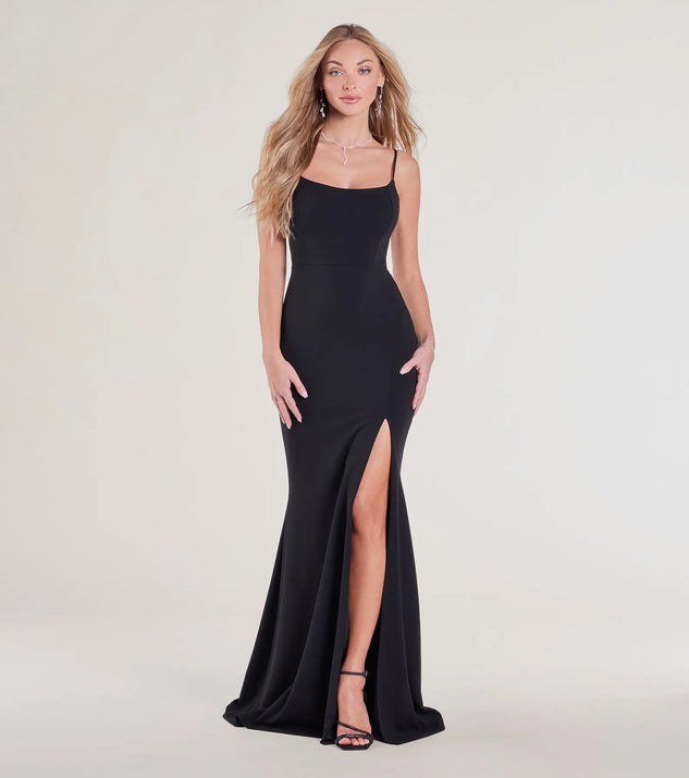 The Hailey Lace-Up Slit Slim Crepe Formal Dress in luxe black fabric, a stunning prom dress with statement details designed to make a bold impression at Prom 2025.