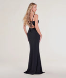 The Hailey Lace-Up Slit Slim Crepe Formal Dress is a show-stopping black prom dress, offering a sleek, slimming silhouette that enhances your natural beauty for an unforgettable night.