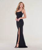The Hailey Lace-Up Slit Slim Crepe Formal Dress in luxe black fabric, a stunning prom dress with statement details designed to make a bold impression at Prom 2025.