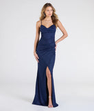 Step into the Prom 2025 dance in the Johanna Cowl Neck Slit Glitter Formal Dress in navy, a stunning blue prom dress designed to complement any theme with its timeless allure and statement-making style.