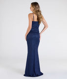 Flaunt your silhouette in the tight Johanna Cowl Neck Slit Glitter Formal Dress in navy blue, a bodycon dress that empowers your look with bold style and effortless edge.