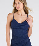 Step into the Prom 2025 dance in the Johanna Cowl Neck Slit Glitter Formal Dress in navy, a stunning blue prom dress designed to complement any theme with its timeless allure and statement-making style.