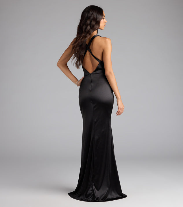 sam formal satin open back dress Long Satin Leg Split Open Back Prom Dresses