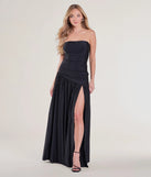The Lindsey Strapless Slit A-Line Formal Dress in luxe black fabric, a stunning prom dress with statement details designed to make a bold impression at Prom 2025.