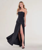The Lindsey Strapless Slit A-Line Formal Dress in luxe black fabric, a stunning prom dress with statement details designed to make a bold impression at Prom 2025.