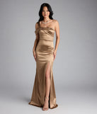 Own the spotlight in the Jocelyn Cold Shoulder Slit Mermaid Satin Formal Dress, a mocha brown formal dress crafted to deliver luxe style for summer weddings, Army Balls, or any special event.