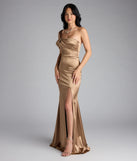 Own the spotlight in the Jocelyn Cold Shoulder Slit Mermaid Satin Formal Dress, a mocha brown formal dress crafted to deliver luxe style for summer weddings, Army Balls, or any special event.