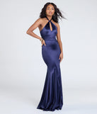 Step into the Prom 2025 dance in the Charlie Halter Keyhole Mermaid Satin Formal Dress in navy, a stunning blue prom dress designed to complement any theme with its timeless allure and statement-making style.