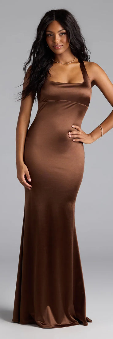 The Rosella Open Back Mermaid Satin Formal Dress is your new go-to brown dress—effortless, versatile, and made to update your fall style in seconds.