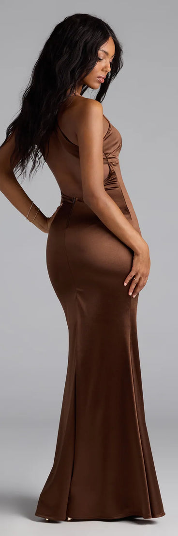 Own the spotlight in the Rosella Open Back Mermaid Satin Formal Dress, a brown formal dress crafted to deliver luxe style for autumn weddings, Military Balls, or any special event.