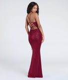 Make a statement in the Joan Lace-Up Mermaid Glitter Formal Dress in wine, a bold red prom dress designed to exude confidence, elegance, and a striking prom-night look.