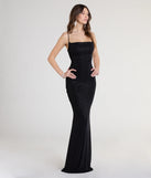 Own the spotlight in the Joan Lace-Up Mermaid Glitter Formal Dress, a black formal dress crafted to deliver luxe style for summer weddings, Army Balls, or any special event.