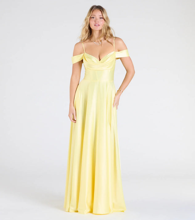Make a bold statement in the Alira Cold Shoulder A-Line Satin Formal Dress in yellow, the perfect spring dress for weddings, cocktail hours, nights out, and/or seasonal celebrations.