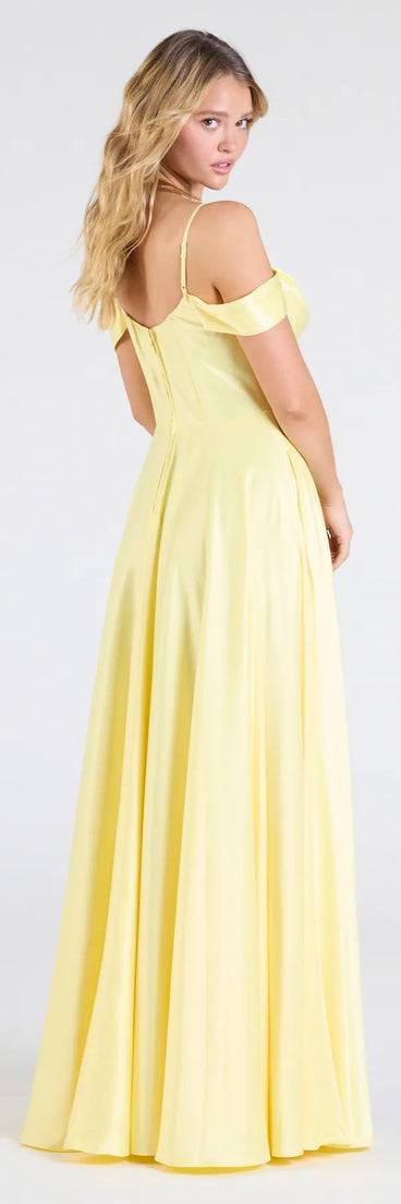 Make a bold statement in the Alira Cold Shoulder A-Line Satin Formal Dress in yellow, the perfect fall dress for weddings, cocktail hours, nights out, and/or seasonal celebrations.