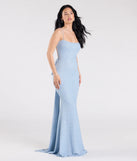 Step into the Prom 2025 dance in the Gwendolyn Glitter Knit Bow-Back Mermaid Dress in light blue, a stunning blue prom dress designed to complement any theme with its timeless allure and statement-making style.